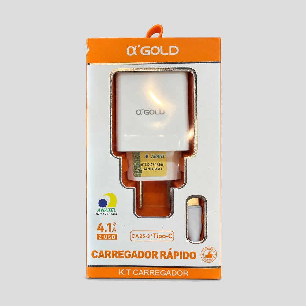 Carregador Rápido 4.1A 2 Portas USB com Cabo USB-C αGold