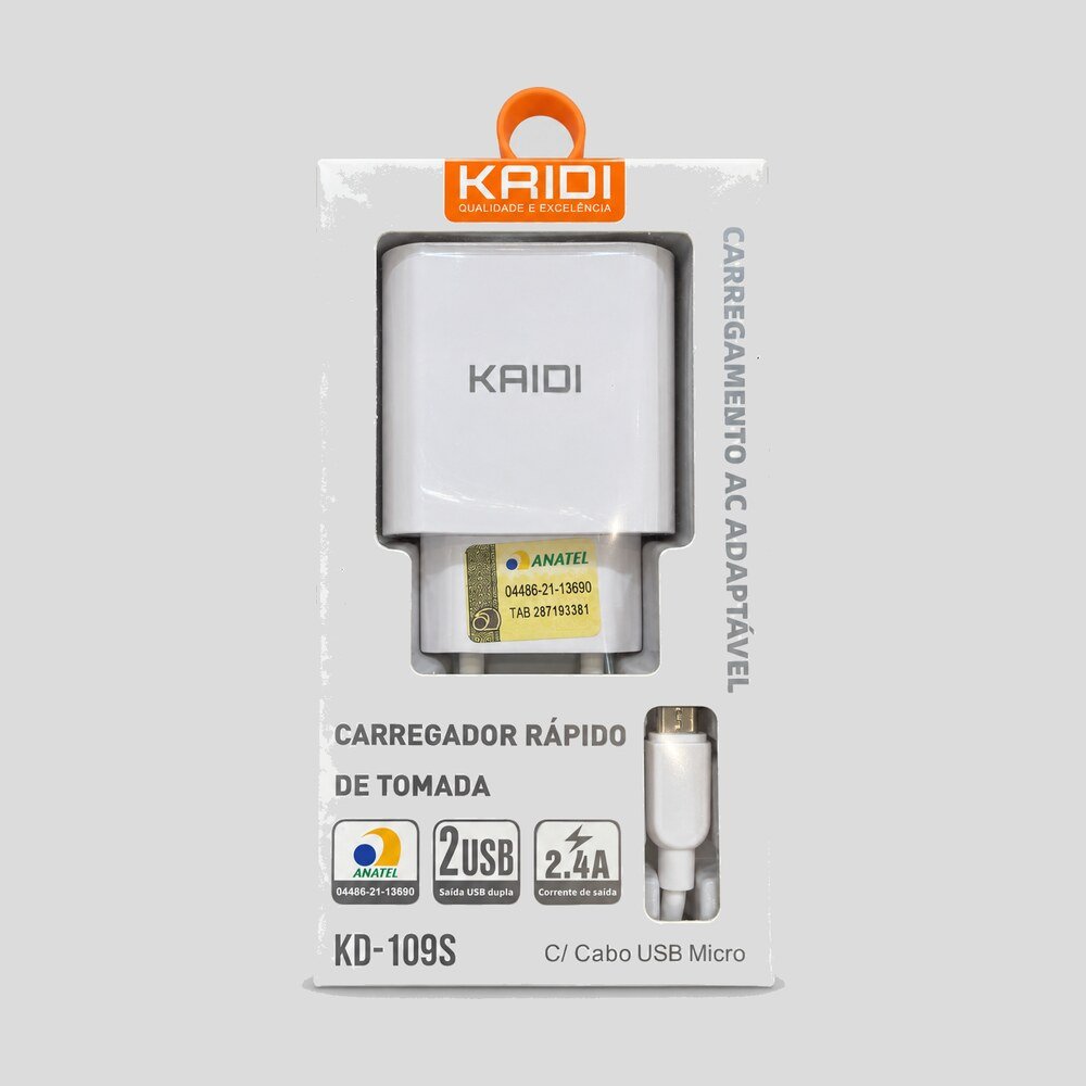Carregador de Tomada 2 USB 2.4A com Cabo Micro USB Kaidi
