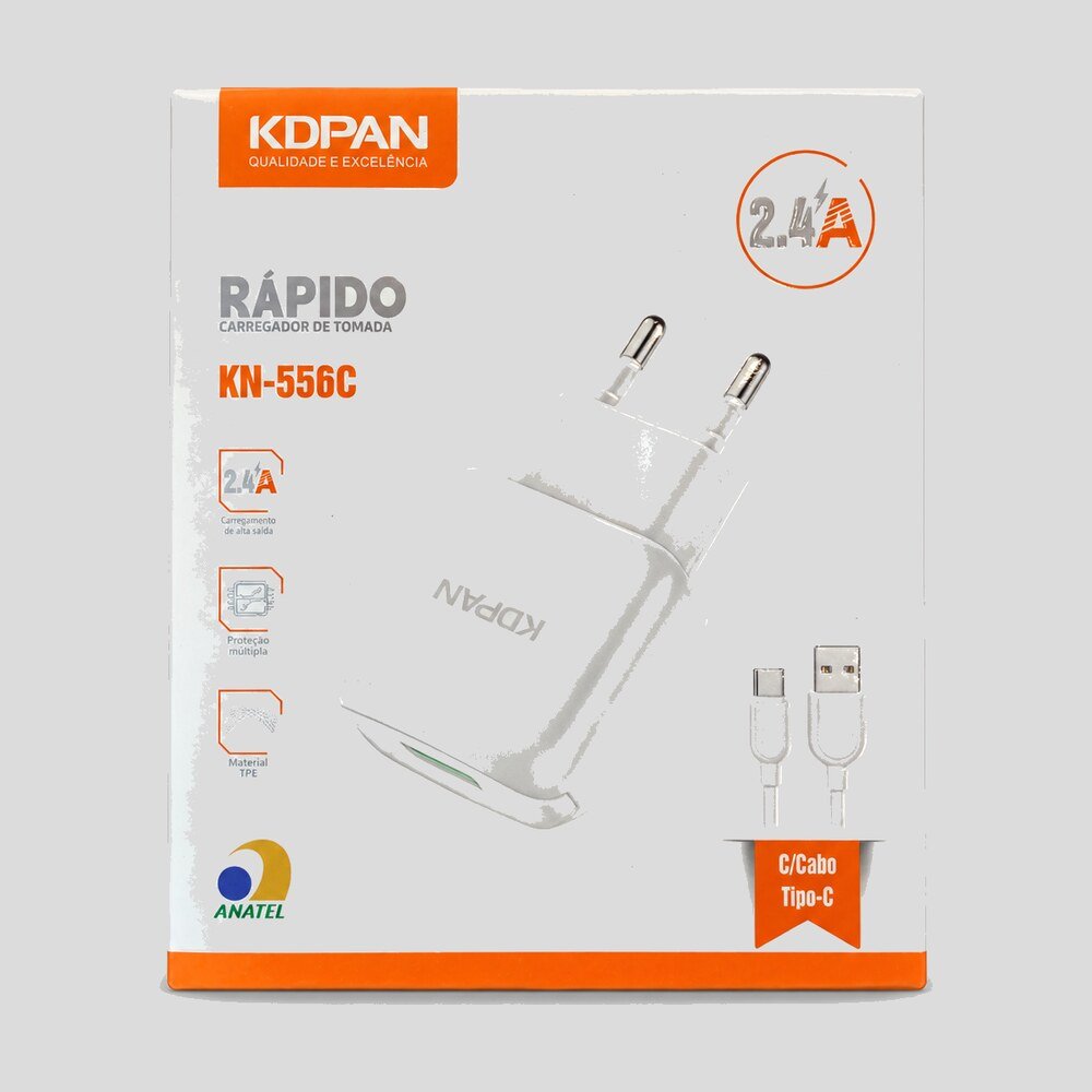 Carregador de Tomada 2.4A com Cabo USB-C Kdpan