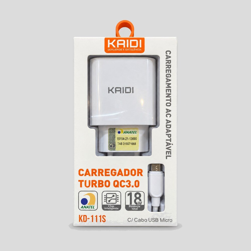 Carregador Quick Charge 3.0 18W com Cabo Micro USB Kaidi