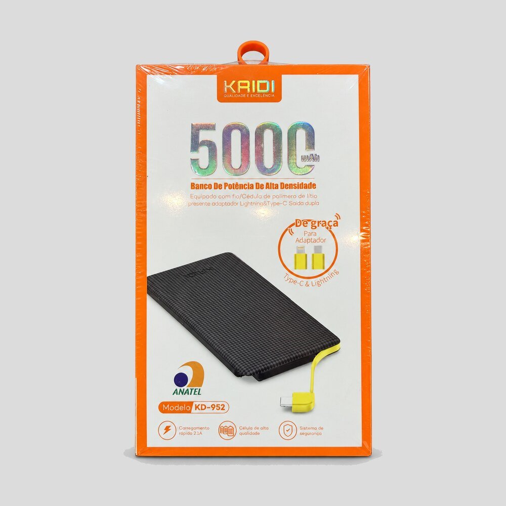 Power Bank 5.000 mAh com Adaptador USB-C e Lightning Kaidi