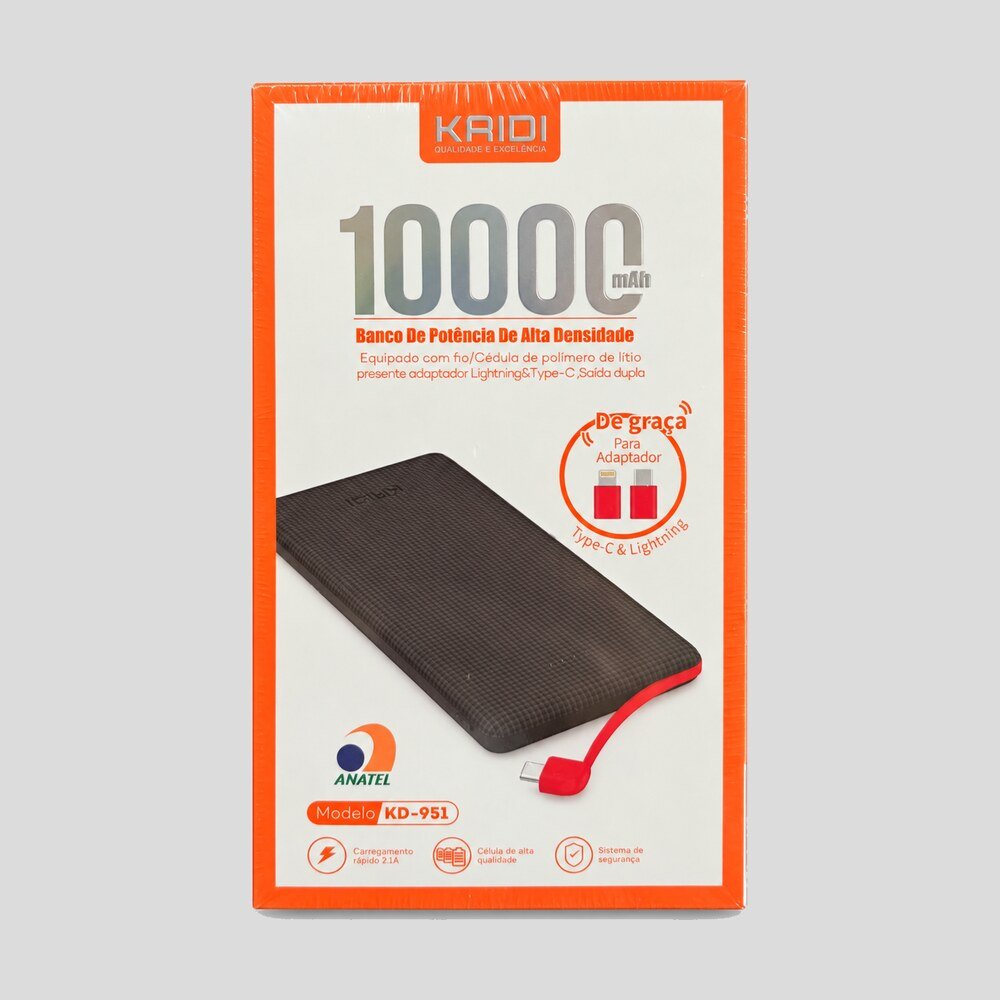 Power Bank 10.000 mAh com Cabo Integrado Kaidi