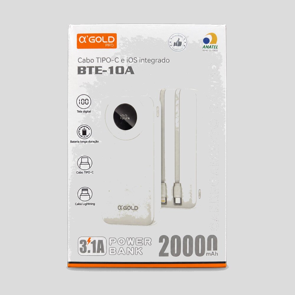 Power Bank 20.000 mAh 3.1A Cabos USB-C e Lightning αGold