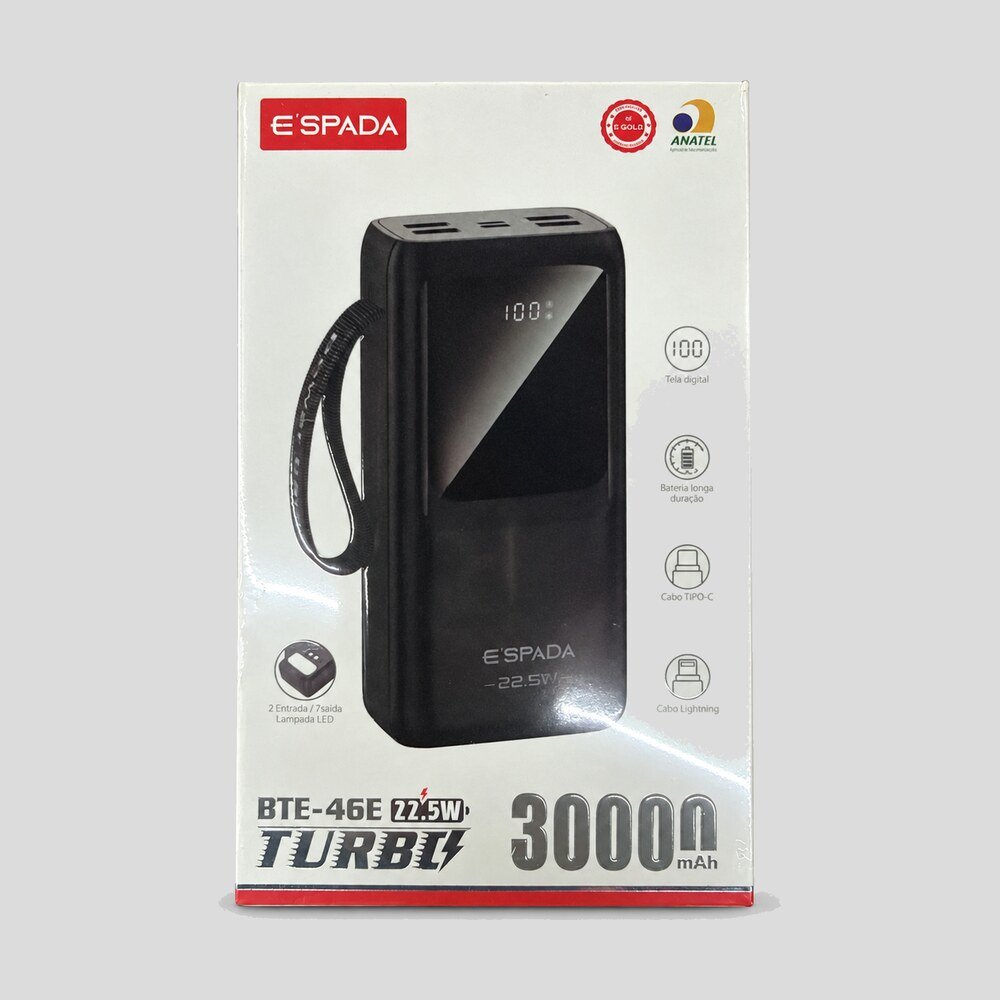 Power Bank 30.000 mAh 22,5W com Visor de Carga Espada