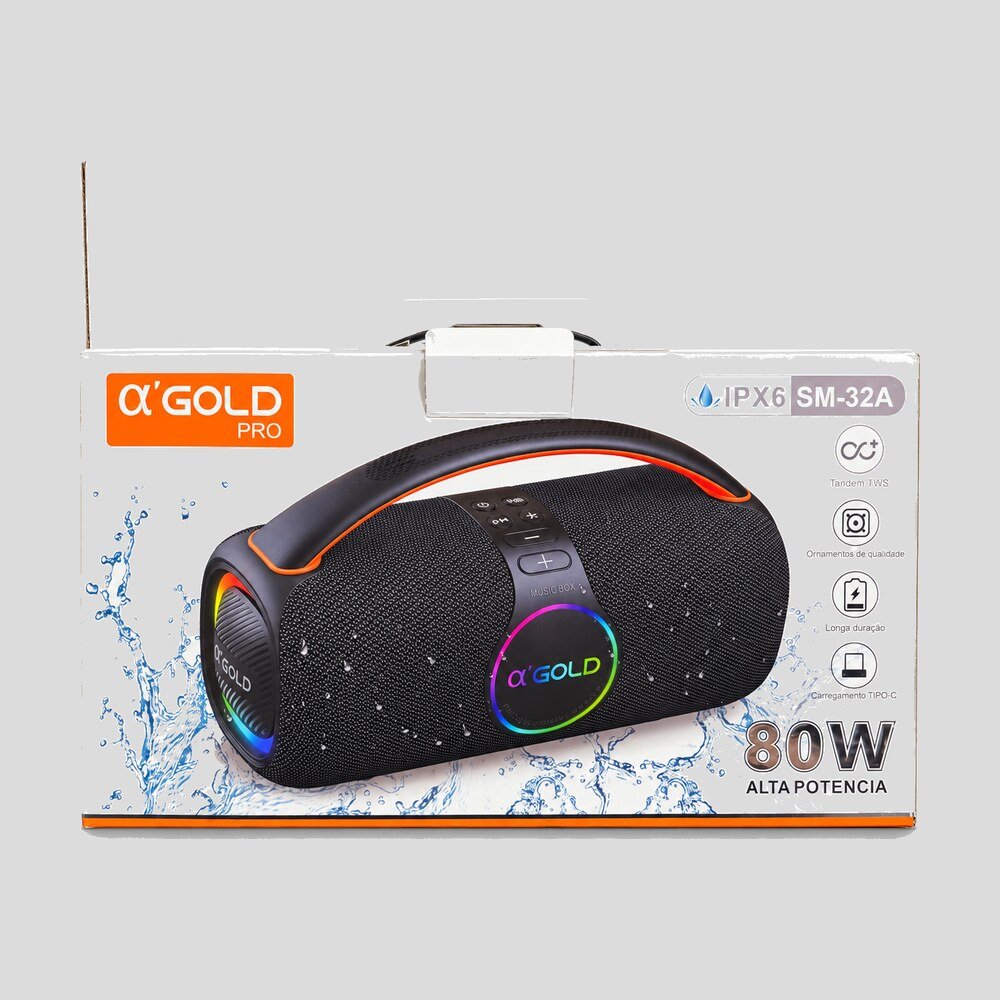 Caixa de Som 80W IPX6 com Luz Colorida αGold Pro
