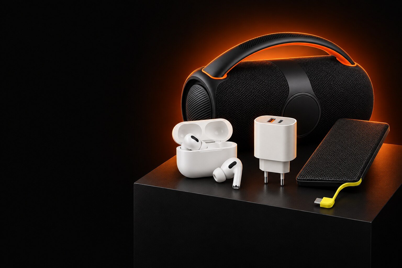 Caixa de som, fone sem fio, carregador e power bank sobre bloco preto com luz laranja