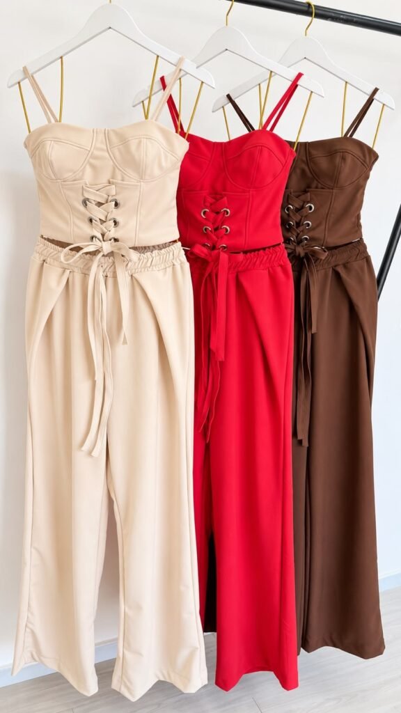 Conjunto top corset de amarração e calça pantalona