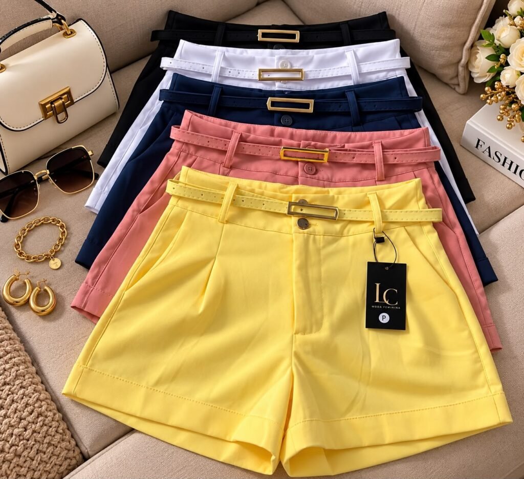Short com cinto e fivela dourada