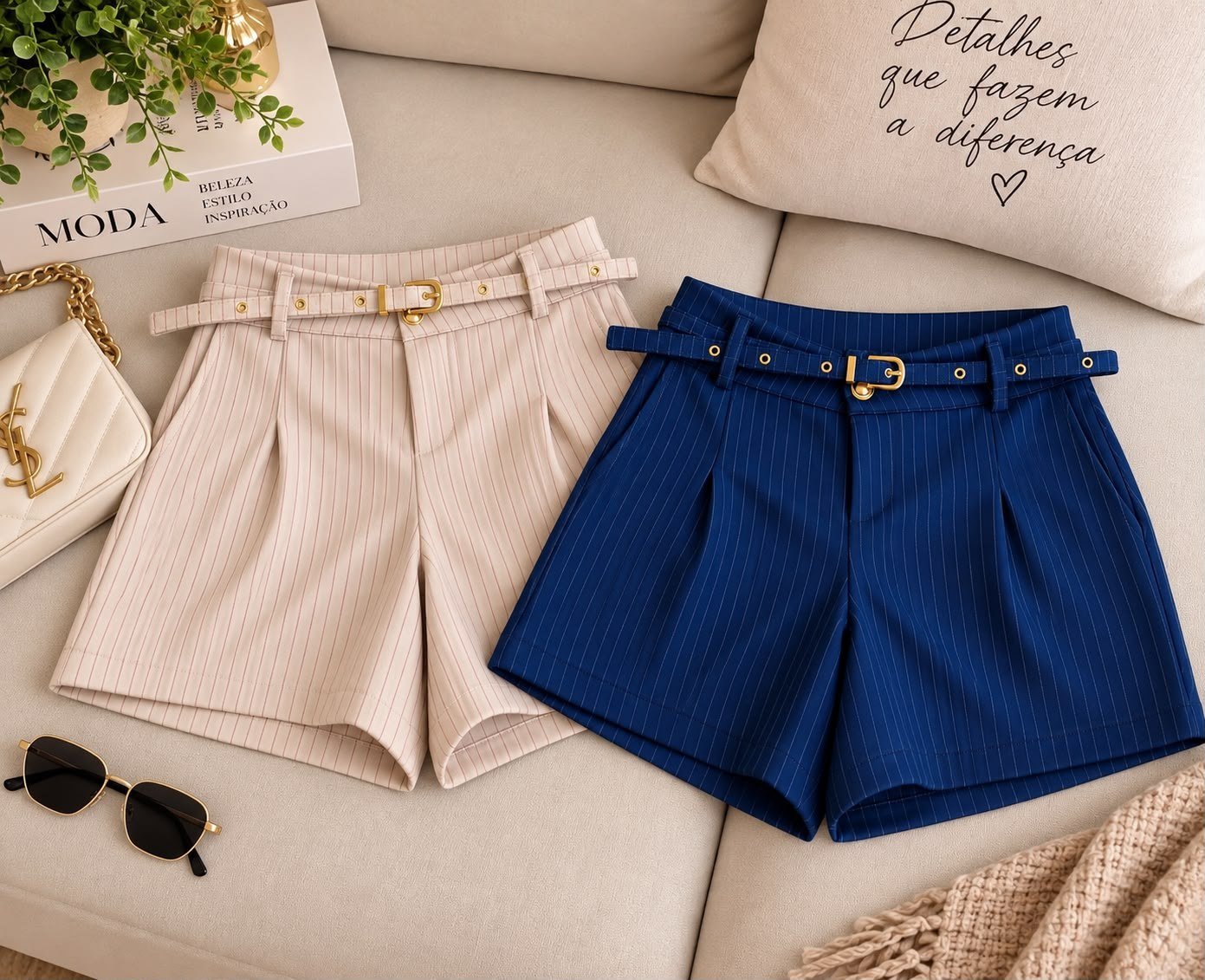 Short risca de giz com cinto